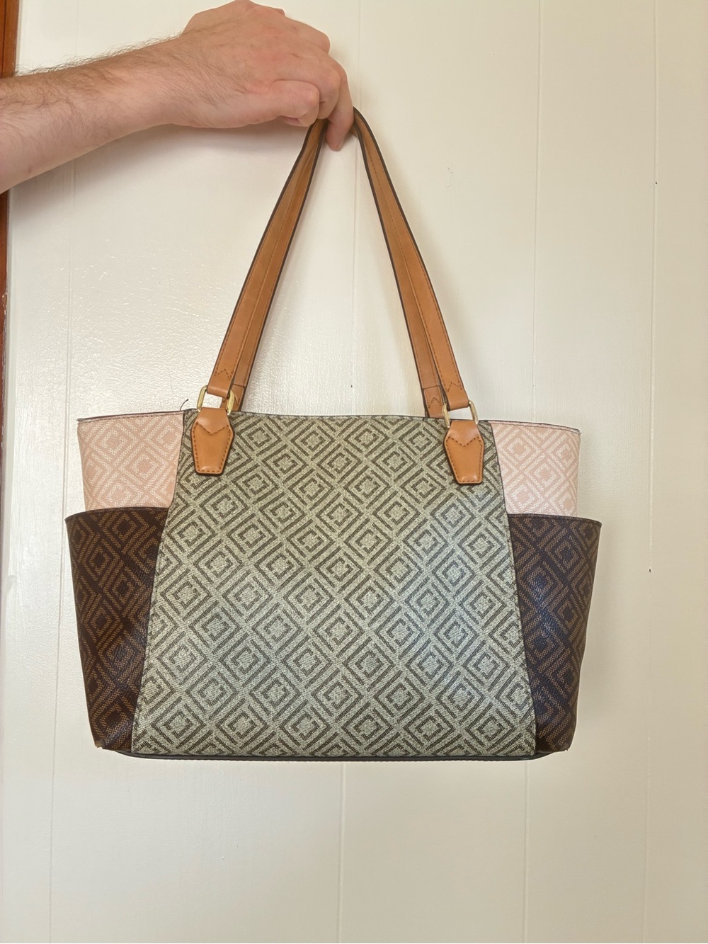 Liz Claiborne Geometric Panel Tote in Brown, Tan and Cream